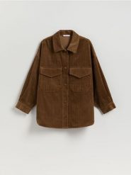 Sztruksowa koszula z kieszeniami - brązowy. Brązowe koszule Reserved, l, bez wzorów, ze sztruksu, bez kołnierzyka, bez ramiączek. Za 199.99 zł.