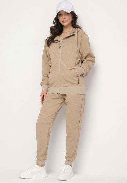 Ciemnobeżowy Komplet Dresowy Bluza z Kapturem i Joggery Rerialda. Brązowe bluzy Born2be, l, bez wzorów, z dresówki, z kapturem. Za 139.99 zł.