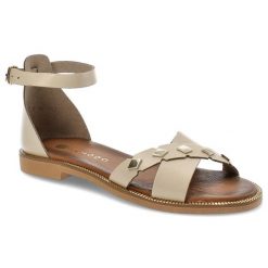 Beżowe Sandały Armodo Wygodne Obuwie Damskie. Brązowe sandały Armodo, z aplikacjami, z jeansu, eleganckie, bez obcasa, bez zapięcia. Za 260.99 zł.