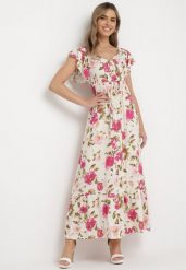 Jasnobeżowa Rozkloszowana Sukienka Maxi z Wiskozy w Kwiatowy Print Unadis. Brązowe sukienki Born2be, na lato, l, bez wzorów, z wiskozy, bez kołnierzyka, bez ramiączek, maxi, rozkloszowane. Za 84.99 zł.
