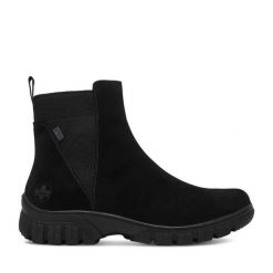 Botki Rieker. Czarne botki Rieker, bez wzorów, bez obcasa, na płaskiej podeszwie, bez zapięcia. Za 429.99 zł.