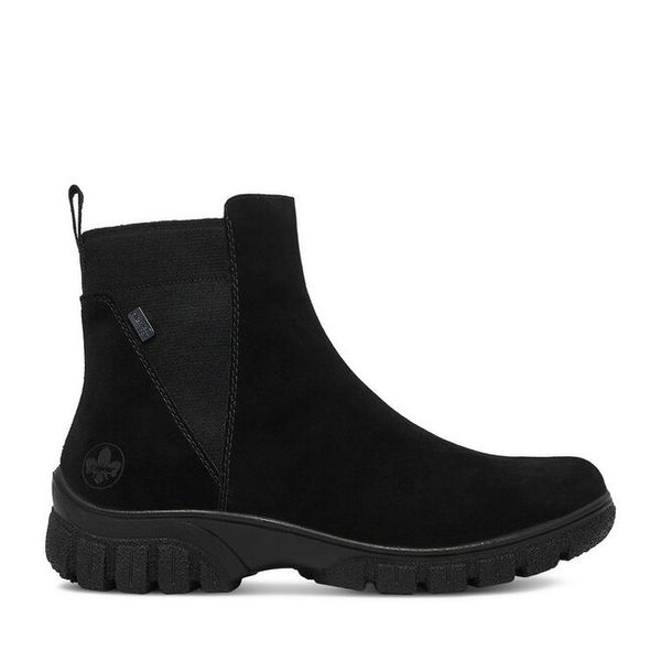 Botki Rieker. Czarne botki Rieker, bez wzorów, bez obcasa, na płaskiej podeszwie, bez zapięcia. Za 429.99 zł.
