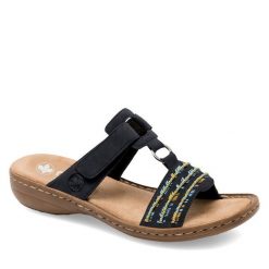 Klapki Rieker. Niebieskie klapki Rieker, bez wzorów, bez obcasa. Za 279.99 zł.