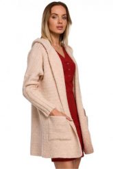Kardigan oversize z wełną i obszernym kapturem wąskie rękawy beżowy. Brązowe kardigany Polskie swetry, l, bez wzorów, z materiału. Za 289.00 zł.
