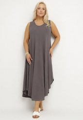 Szara Rozkloszowana Sukienka z Bawełną Nairilo. Szare sukienki Born2be, na spacer, na lato, xl, bez wzorów, z bawełny, eleganckie, bez kołnierzyka, bez ramiączek, midi, rozkloszowane. Za 74.99 zł.