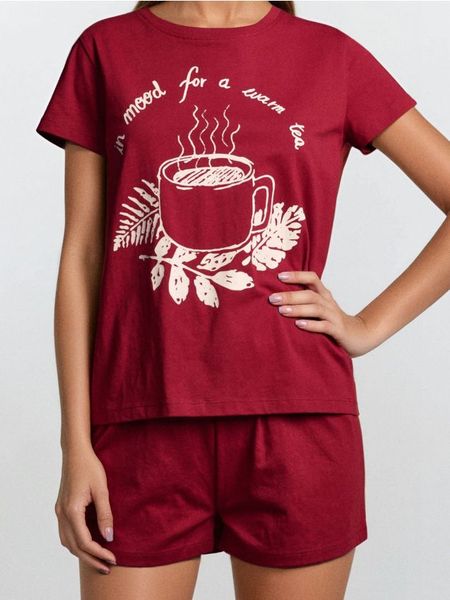 Bawełniana piżama dwuczęściowa - bordowy. Czerwone piżamy Sinsay, bez wzorów, z bawełny, bez ramiączek. Za 19.99 zł.