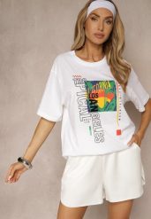 Biała Koszulka T-shirt z Bawełny Zdobiona Oryginalnym Nadrukiem Savindrae. Białe t-shirty Renee, l, z aplikacjami, z bawełny, bez kołnierzyka, bez ramiączek. Za 24.99 zł.