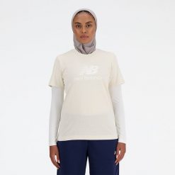 Koszulka damska New Balance WT41502LIN – beżowa. Brązowe koszulki sportowe New Balance, bez wzorów, z materiału, bez ramiączek. Za 119.99 zł.