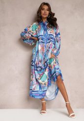Niebieska Sukienka Maxi Oversize w Kolorowy Ornamentalny Wzór Stama. Niebieskie sukienki Renee, l, z aplikacjami, bez kołnierzyka, bez ramiączek, maxi, koszulowe. Za 179.99 zł.