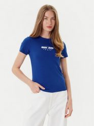 Guess Jeans T-Shirt W5YI04 J1314 Niebieski Slim Fit. Niebieskie t-shirty Guess Jeans, s, z aplikacjami, z bawełny, bez kołnierzyka, bez ramiączek. Za 129.99 zł.