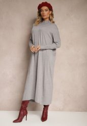 Jasnoszara Pudełkowa Sukienka Sweterkowa z Wiskozą i Golfem Rinnine. Szare sukienki Renee, na co dzień, bez wzorów, z wiskozy, eleganckie, bez kołnierzyka, bez ramiączek, maxi. Za 99.99 zł.