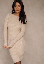 Beżowa Sweterkowa Dopasowana Sukienka z Bawełną Reileta. Brązowe sukienki Renee, na spotkanie biznesowe, bez wzorów, z bawełny, bez kołnierzyka, bez ramiączek, dopasowane. Za 89.99 zł.