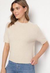 Beżowy Sweter z Wełną z Krótkim Rękawem Dannoria. Brązowe swetry Born2be, uniwersalny, bez wzorów, z jeansu, bez ramiączek. Za 149.99 zł.