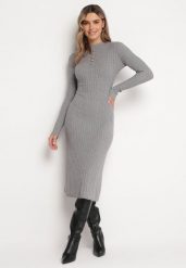 Szara Sweterkowa Sukienka Midi z Wełną i Rozkloszowanym Dołem Izorine. Szare sukienki Born2be, s, bez wzorów, z dzianiny, bez kołnierzyka, bez ramiączek, midi, rozkloszowane. Za 74.99 zł.