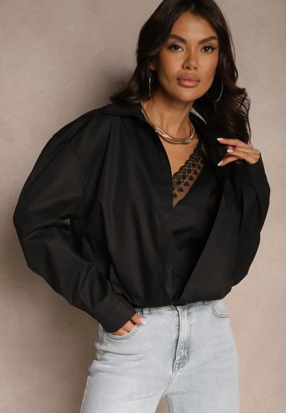 Czarna 2w1 Koszula z Bawełny i Top na Ramiączkach z Koronką Telowena. Czarne koszule Renee, bez wzorów, z bawełny, bez kołnierzyka, bez ramiączek. Za 119.99 zł.