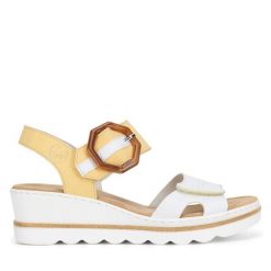Sandały Rieker. Białe sandały Rieker, bez wzorów, bez obcasa, na koturnie, bez zapięcia. Za 299.99 zł.