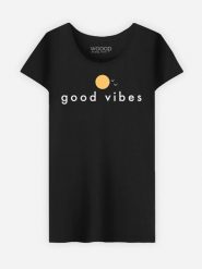 WOOOP Koszulka "Good Vibes" w kolorze czarnym rozmiar: S. Czarne bluzki Wooop, s, bez wzorów, z bawełny, bez kołnierzyka, bez ramiączek. Za 48.28 zł.