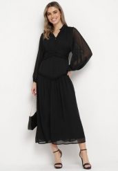 Czarna Długa Sukienka Koktajlowa w Stylu Retro z Plisami i Stójką Leowia. Czarne sukienki Born2be, l, bez wzorów, retro, bez kołnierzyka, bez ramiączek, maxi. Za 159.99 zł.