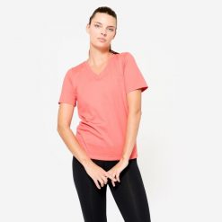Koszulka z krótkim rękawem damska Domyos Gym & Pilates. Czerwone bluzki NYAMBA, xs, bez wzorów, z bawełny, sportowe, bez kołnierzyka, bez ramiączek. Za 39.99 zł.
