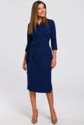 Elegancka sukienka kopertowa midi z paskiem granat. Sukienki Stylove, do pracy, l, bez wzorów, z elastanu, biznesowe, bez kołnierzyka, bez ramiączek, midi, dopasowane. Za 275.00 zł.