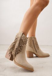 Ciemnobeżowe Botki Kowbojki na Stożkowym Obcasie z Ażurowym Wzorem i Eathetina. Brązowe botki Born2be, w ażurowe wzory, z jeansu, bez obcasa, na obcasie, bez zapięcia. Za 149.99 zł.