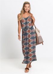 Długa sukienka z rozcięciami po bokach. Brązowe sukienki bonprix, bez wzorów, z materiału, bez kołnierzyka, bez ramiączek, maxi, dopasowane. Za 169.99 zł.