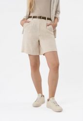 Szorty z lnem P-ELYS. Brązowe szorty Volcano, bez wzorów, ze lnu, z podwyższonym stanem. Za 139.99 zł.