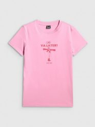 4F T-shirt regular z nadrukiem damski - różowy XL. Czerwone t-shirty 4f, xl, bez wzorów, bez kołnierzyka, bez ramiączek. Za 49.99 zł.