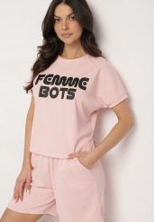 Różowy T-shirt Ozdobiony Napisem Devenee. Czerwone t-shirty Born2be, l, bez wzorów, z jeansu, bez kołnierzyka, bez ramiączek. Za 34.99 zł.