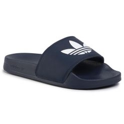 Klapki adidas. Niebieskie klapki Adidas, bez wzorów, bez obcasa. Za 109.99 zł.