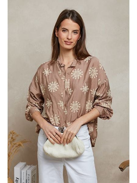 Plume Bluzka "Tidji" w kolorze jasnobrązowym rozmiar: L. Brązowe bluzki Plume, l, bez wzorów, bez kołnierzyka, bez ramiączek. Za 154.79 zł.