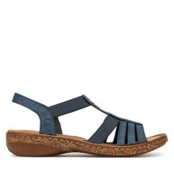Sandały Rieker. Niebieskie sandały Rieker, bez wzorów, bez obcasa, na płaskiej podeszwie, bez zapięcia. Za 299.99 zł.