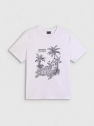 4F T-shirt relaxed z nadrukiem damski - biały L. Białe t-shirty 4f, l, bez wzorów, z bawełny, bez kołnierzyka, bez ramiączek. Za 59.99 zł.
