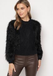 Czarny Sweter z Wełną o Wzorzystym Splocie z Ozdobną Fakturą Mirilena. Czarne swetry Born2be, s, bez wzorów, z wełny, bez ramiączek. Za 79.99 zł.
