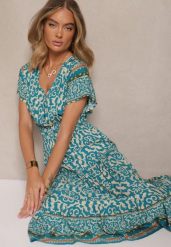 Jasnozielona Sukienka z Bawełny Ozdobiona Ornamentnym Motywem Fillena. Zielone sukienki Renee, m, bez wzorów, z bawełny, bez kołnierzyka, bez ramiączek, midi. Za 49.99 zł.