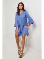 Lin Passion Lniana sukienka w kolorze niebieskim rozmiar: 34/36. Niebieskie sukienki Lin Passion, bez wzorów, ze lnu, bez kołnierzyka, bez ramiączek, mini. Za 173.99 zł.