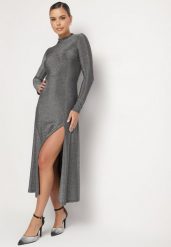 Srebrna Sukienka z Wiskozą Ozdobiona Brokatem w Eleganckim Stylu Werirra. Szare sukienki Born2be, na zimę, l, bez wzorów, z materiału, eleganckie, bez kołnierzyka, bez ramiączek, maxi. Za 149.99 zł.