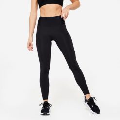 Legginsy fitness damskie Domyos. Czarne legginsy DOMYOS, l, bez wzorów, z materiału, z podwyższonym stanem. Za 99.99 zł.
