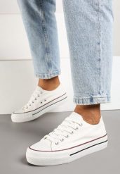 Biało-Czerwone Klasyczne Sznurowane Trampki na Grubej Podeszwie Ravarella. Białe trampki Born2be, bez wzorów, z jeansu, bez zapięcia. Za 44.99 zł.