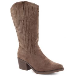 Kozaki damskie ażurowe kowbojki ciemny beż eVento 9450. Kozaki eVento, z nubiku, bez obcasa, bez zapięcia. Za 199.99 zł.