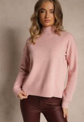 Różowy Gładki Golf Casual Raliana. Czerwone golfy Renee, l, bez wzorów, z jeansu, bez ramiączek. Za 79.99 zł.