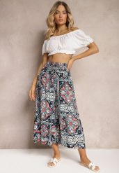 Granatowe Spodnie Kuloty z Bawełny High Waist z Gumką w Pasie Palovia. Niebieskie spodnie materiałowe Renee, na co dzień, l, bez wzorów, z bawełny, z podwyższonym stanem. Za 34.99 zł.