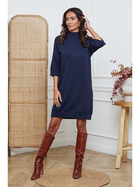 So Cachemire Sukienka dzianinowa "Major" w kolorze granatowym rozmiar: M. Niebieskie sukienki So Cachemire, na co dzień, m, bez wzorów, z dzianiny, bez kołnierzyka, bez ramiączek, midi, proste. Za 209.82 zł.