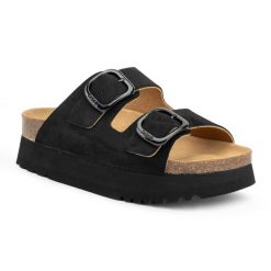 Klapki damskie Scholl Lucie Suede. Czarne klapki Scholl, bez wzorów, z materiału, bez obcasa. Za 339.99 zł.