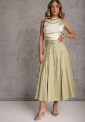 Zielona Rozkloszowana Spódnica z Kieszonkami i Paskiem z Klamrą Qualea. Zielone spódnice Renee, na co dzień, l, bez wzorów, z bawełny, eleganckie, midi, dopasowane. Za 119.99 zł.