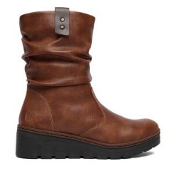 Kozaki Rieker. Brązowe kozaki Rieker, bez obcasa, na koturnie, bez zapięcia. Za 379.99 zł.