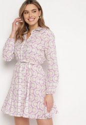 Fioletowo-Beżowa Bawełniana Sukienka Mini w Geometryczny Wzór Frenia. Fioletowe sukienki Born2be, l, bez wzorów, z bawełny, eleganckie, bez kołnierzyka, bez ramiączek, mini, koszulowe. Za 59.99 zł.