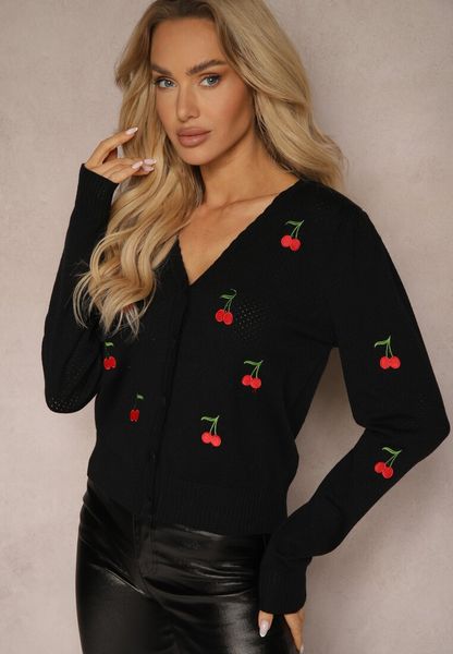 Czarny Kardigan Ozdobiony Haftem w Kształcie Wisienek Nirinia. Czarne kardigany Renee, s, bez wzorów, z jeansu. Za 89.99 zł.