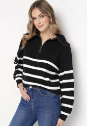 Czarno-Biały Golf Sweter Zapinany na Suwak w Paski Sakine. Czarne golfy Born2be, m, bez wzorów, bez ramiączek. Za 119.99 zł.