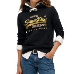 Bluza turystyczna damska Superdry Embellished. Czarne bluzy Superdry, bez wzorów, z bawełny, bez kaptura. Za 206.85 zł.